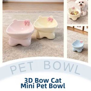 OUTOPEN Slanted Design Ceramic Cat Bowl Solid Color High-leg Neck Support Dog Food Bowl Super Cute Bowknot Food Feeding Bowl Cat Supplies