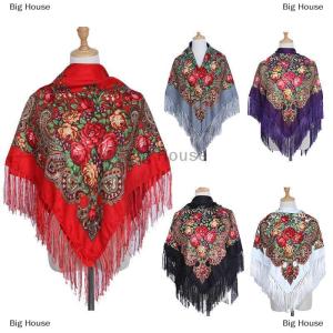 [COD] Big House 90x90cm Ethnic Style Headscarf Square Scarves For Women Retro Peony Flower Print Fringed Shawl Handkerchief Cotton Head Wraps