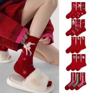 DIRKI 3Pairs Cartoon New Year Tube Socks Winter Autumn Mid Calf Year of The Horse Socks Funny Comfortable Red Cotton Socks Women