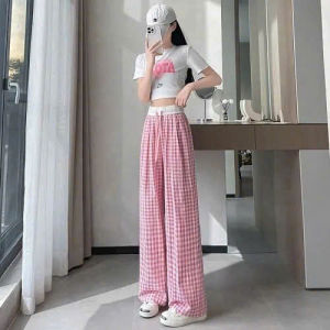 Quần dài nữ SAM CLO form ống rộng cạp cao dây rút BẢN EO TO SỌC CARO