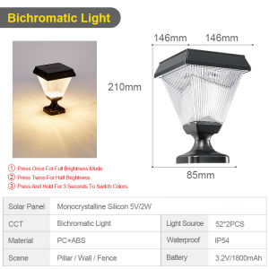 Automatic Off/On Light Control Solar Square Post Gate Light Dual Color Waterproof Wireless for Courtyard Yard Fence