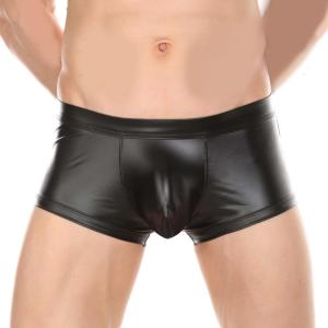 Mens Cut Out Open Butt Underwear Boxer Briefs Stretch Faux Leather Trunk with Pouches Black Shorts Lingerie Underpants