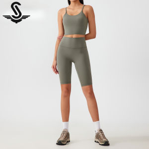 Succming  Pilates Two-Piece Yoga Outfit Set for Women High Waist Hip-Lifting Yoga Shorts Barely-There Feel Push-Up Shockproof Fitness Sports Bra