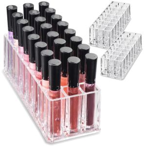 SKJK 24-Slot Lipstick Holder Clear Acrylic Desktop Gloss Box Portable Cosmetic Storage Box for Makeup Brush Eyebrow Pencil Lip Gloss Perfume Storage