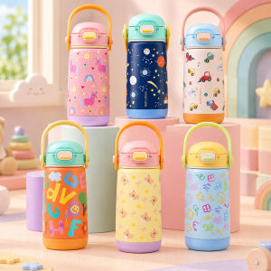 410ml Kids Insulated Flask 304 Stainless Steel Straw Water Cup One Touch Lid Anti Drop Base for Kids Self Drink - HoneyLion