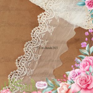 (Per Meter) RDT312 Renda Bordir Tile Motif Cantik Krem Muda Lebar 13Cm