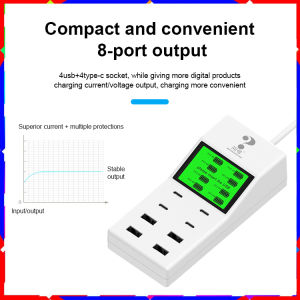 Dynamic LCD Display Multi-Port USB Charger Universal 8 Port USB Type-C Charger Hub  4 USB + 4 Type-C Port Output Office Home Adaptor