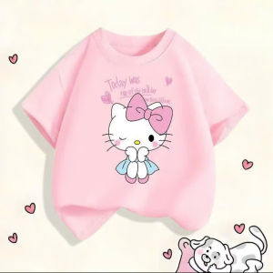 Áo Thun Cổ Tròn Tay Ngắn Cho Bé Gái Họa Tiết Hello Kitty Chất Liệu Mềm Mại Phong Cách Thời Trang