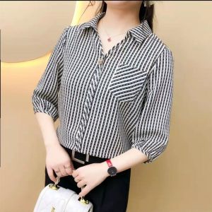 3 4 tay áo dài ormal trắng cổ áo polo Áo trang trọng cho phụ nữ cỡ lỡn mùa hè tất cả các phù hợp với mùa hè tay áo phồng áo rộng quần áo