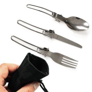 3in1 Stainless Steel Portable Cutlery Set of 3 Folding Handle Outdoor Camping Cutlery Student Worker Tableware