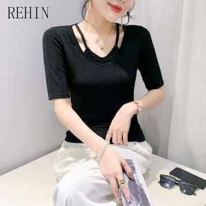 REHIN Round Neck Beaded High-Stretch Cotton Short-Sleeve T-Shirt - Summer Solid Color Fashionable Slim-Fit Womens Top