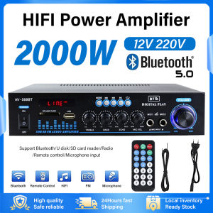 Professional 2 Channel D Class HIFI Power Amplifier Bluetooth 5.0 with Luminous Knob for 12V Car and 220V Home Stereo Speakers