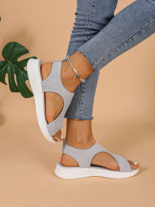 [Free Shipping] Plus-Size Thick-Soled Open-Toe Sandals With A Breathable Knit Mesh Upper Slip-On Style Casual Mesh Sandals For Women