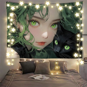 บรรยากาศของเด็กผู้หญิงและแมวสัมผัสได้ถึงห้องนอนของสาวๆผ้าพื้นหลังตกแต่งน่ารักผ้าแขวนข้างเตียง