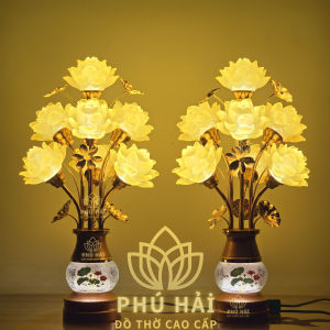 Đôi Đèn Thờ 7 Hoa Sen Lưu Ly Bầu Pha Lê Vẽ Sen Tinh Tế Sang Trọng Cao 50 Cm - HCM TẶNG LED