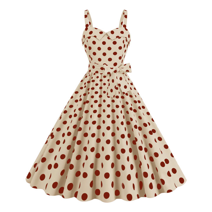 Good Partners Classic 1950s Style Dress Vintage Backless Dress Retro A-line  Swing Dress Sleeveless Dot Print High Waist Backless Perfect for Summer 