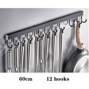 Kitchen Hook Rack Wall Mounted Shelf Pantry Tool Holder Black Sundry Hook Hanging Rod Shelf 40/60cm (Hook Removable)