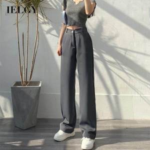 IELGY Nút Quần Bộ Đồ Xếp Nếp Dáng Rộng Ôm Đơn Giản Thẳng Đàn Hồi Cao Eo