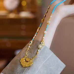 Popular on Xiaohongshu: Womens Koi Fish Ruyi Lock Necklace Ancient Enamel Sand Gold High-end Niche Necklace Jewelry Wholesale