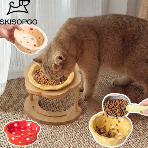 SKISOPGO COD ชามแมว ชามและฐานขาตั้งไม้ ชามเซรามิก สุนัข แมว ชามอาหารสัตว์เลี้ยง ลายน่ารัก สีสดใส