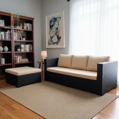 Sofa 3+puk Rotan Sintetis Minimalis Rangka Kayu Mahoni