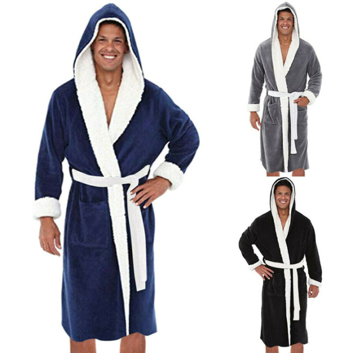 Adele Mens Bathrobe Toweling Winter Gown Bath Robe Hooded Fleece Lined