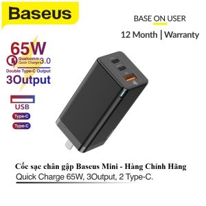 Củ Sạc Nhanh 65w  Baseus mini Quick Chager 3 cổng sạc nhanh cho điện thoại và laptop ( Chân Dẹp Gập Tiện Lợi )