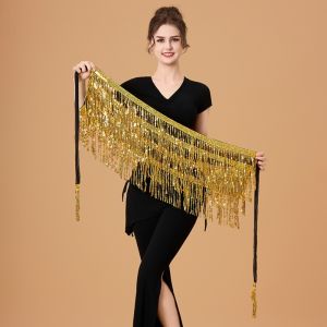 COVIEEZB 4-Row Dây lưng múa bụng Lấp lánh Kim loại Khăn quàng hông đính kim sa Khăn quấn hông có tua rua Có thể điều chỉnh Váy quấn khiêu vũ Halloween