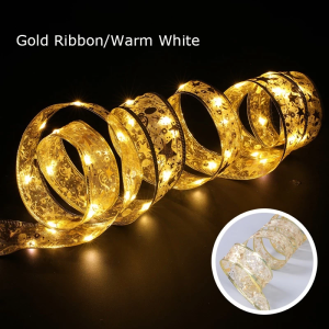 【Gift】Golden Christmas Ribbon LED Lights(5m/10m) Christmas Tree Decoration Glow Ribbon Lights 5M/10M Ribbon Light Christmas Tree Decorations Xmas Fairy Lights Bedroom Party Need Diy Gift Box Parts Waterproof Copper Wire Ribbon Bows Lights