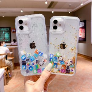 Rivel APP Icon Inner Movable Phone Case for iPhone 15 14 13 12 11 Pro Max Mini X XR XS Max 8 7 Plus + SE  2020 Clear Hard Phone Cover Liquid Quicksand Dynamic Glitter Casing Shell 【Free Shipping & Ready Stock】