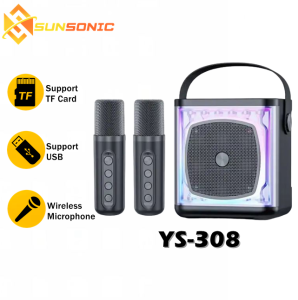 YS-308 Wireless Bluetooth Karaoke Speaker With Dual Microphone 3D Stereo Surround RGB LED Light Speaker with Handle