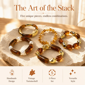 MAKERVY 5pcs Boho Beaded Bracelet Set Tortoiseshell Stackable Elastic Rope Vintage Handmade Bangle Bracelet Set Womens Jewelry