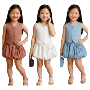 RITANew Hot Trend Best Seller Vneck Chaleco Vest and Bubble Skort/Skirt Terno Set for Girl Kids   - ages from 4 to 16 ages - classy and elegant - timeless classic  - timeless piece - casual office or party - classic piece - super kapal ng tela - hindi k