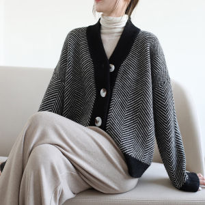 Sweaters Rajutan Wanita Lengan Panjang V-neck Longgar Atas Mantel Cardigan Bergaris