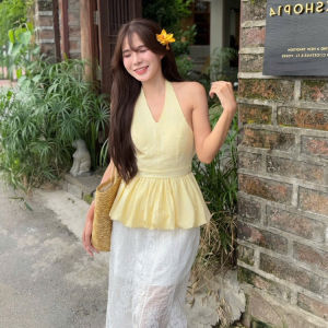 🔥[C431] Áo kiểu nữ CỔ YẾM có mút MÀU TRƠN vạt xòe phối lưng chun tôn dáng - Kholenqc