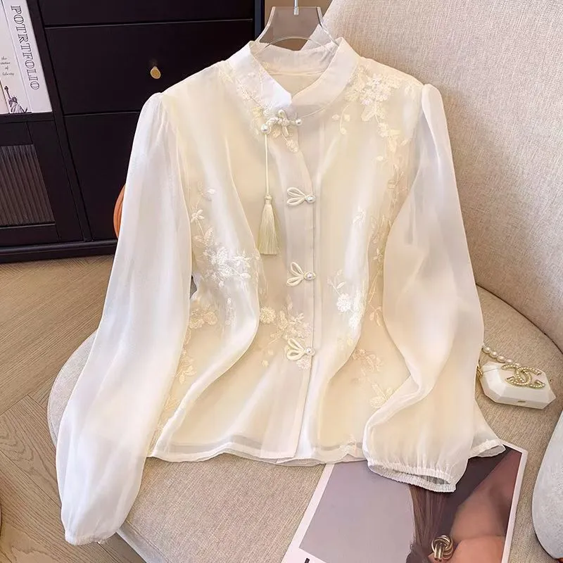 Spring Summer Chinese Style Vintage Embroidery Lace Elegant Fashion Shirt  Lady Long Sleeve Stand Collar Tassel Beige Blouse Top