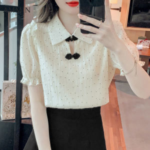 เสื้อเบลาส์แขนสั้นมีกระดุมคอปกแบบวินเทจฉบับภาษาเกาหลีแขนสั้นพิมพ์ลายจุดสำหรับฤดูร้อน