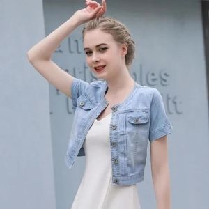 324New Y2K Cropped Jacket Women Cal Short Sleeve Denim Jackets Female Summer Thin Single-Breasted Jeans Outerwear Denim Jacket