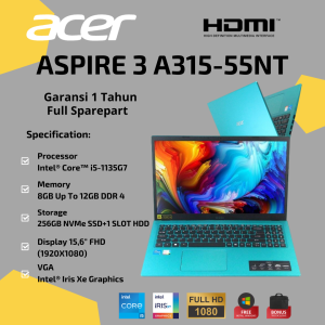 Promo Laptop Acer Aspire 3 A315-58-55NT With Intel I5 11th GEN / I5-1135G7 / 12gb RAM / 256gb SSD / 156 Inch Full HD / Warna Elextric Blue / Free Install Windows 11+Office / Garansi 1 Tahun