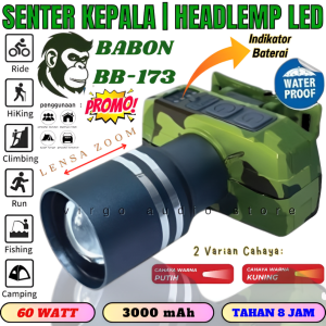 Headlamp / Senter Kepala Zoom 60w Babon Bb-173 Super Terang | Senter Kepala Zoom Super/Lampu Depan Tahan Air/Led Senter Super Terang/Terang Anti Air/Usb Rechargeable/Headlamp Usb Chargeable - Vas