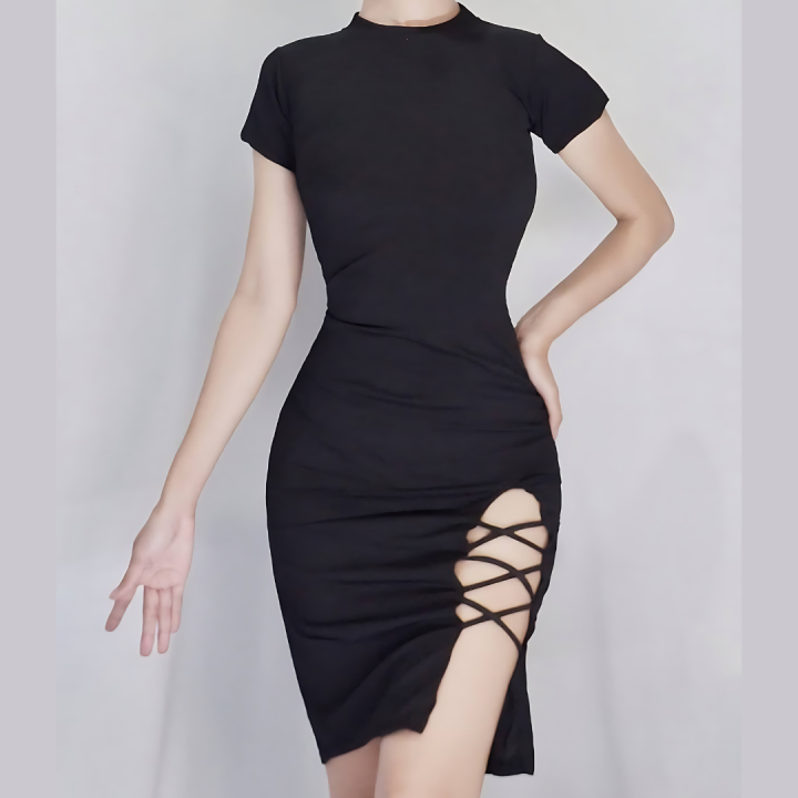 CINDY BASIC DRESS KNITTED MAXI FITTED WITH SLIT Crisscross bodycon FIT to  Small and large from ClothingHub