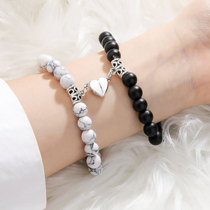 Black & White Nature Stone Bead Bracelets Set – Adjustable Matching Heart Lovers Beaded Hand Chains