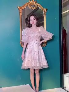 Peach Fuzz Korean Pink Fairy Mesh Floral Puff Sleeve Debut Civil Wedding Evening Dress㏇X0413