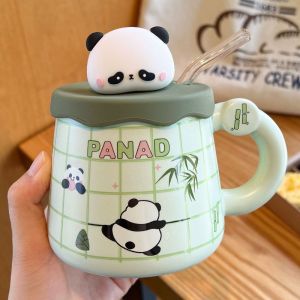 Cốc uống nước cốc sứ hình gấu trúc dễ thương làm quà sinh nhật quà tặng 400ml+Ống hút thuỷ tinh XMB