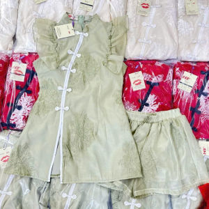 Set sườn xám cách tân phối quần đồ nữ thiết kế du xuân set đi chùa Tơ Thêu Hoa 2 lớp áo nút tàu tay cánh tiên kèm quần short