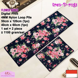 Tren-D-rugs Keset kaki digital print dapur panjang lorong anti slip murah kitchen mat 1 set isi 2 pcs - Flower Series - NMs