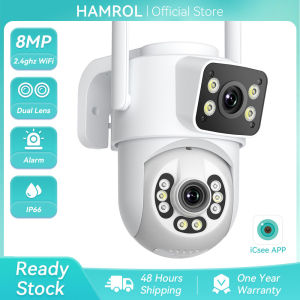 Hamrol 8MP 4K 2.4G&5GHz PTZ WiFi IP Camera with Dual Lens Dual Screen Color Night Vision Outdoor Waterproof IP Security Camera ICSEE APP