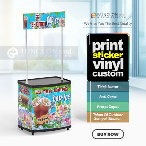 CETAK STIKER MEJA BOTH ES TEH JUMBOO DAN POP ICEE MEJA JUALAN EVENT DESK FREE REQUEST DESAIN