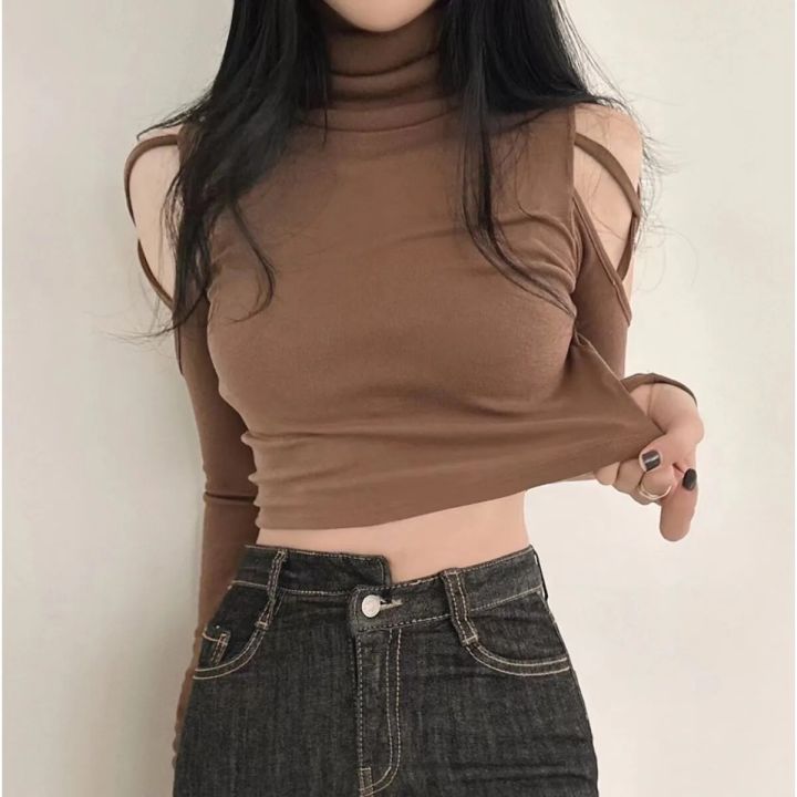 Long Sleeve T-shirts Women Sexy Hollow Out Turtleneck Crop Top