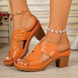 [Free Shipping] Plus-Size WomenS Chunky Heel Fish-Mouth Sandals 2026 Summer New Fashion Slip-On Outdoor Flip-Flops